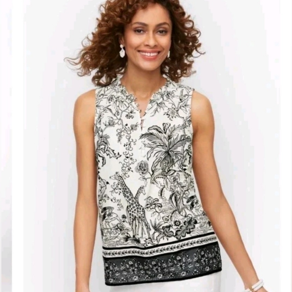 Talbots Monochrome Black/White Jungle Friends Blouse Women's L Petite